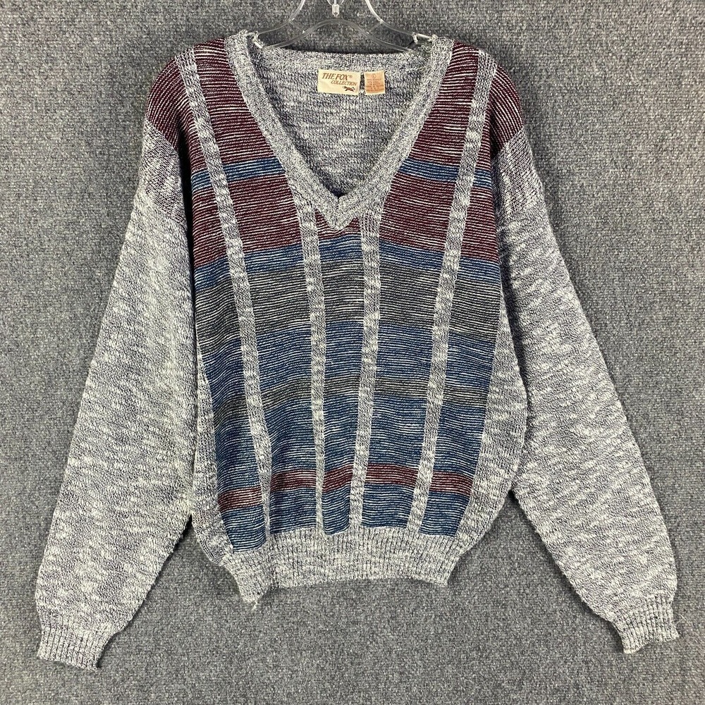 The Fox Collection Sweater Men's Large Pullover Knit‎ Acrylic Wool V-Neck L